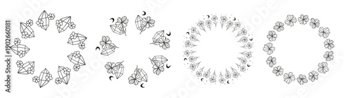 Set of cute round frames with hand drawn crystals, moon and flowers isolated on white background. Boho circle compositions.
