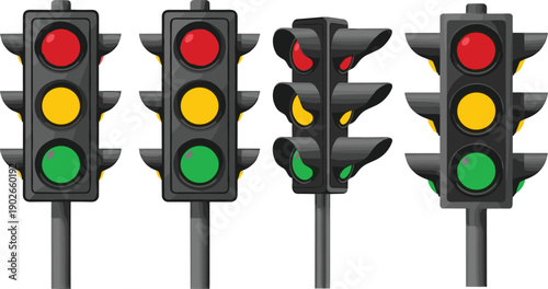 Four Traffic Lights Showing Different Light Combinations on White Background Keywords: traffic light, traffic signal, stoplight