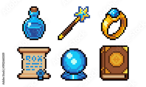 Black and White Pixel Fantasy Items Icons – Magic Game Objects Set