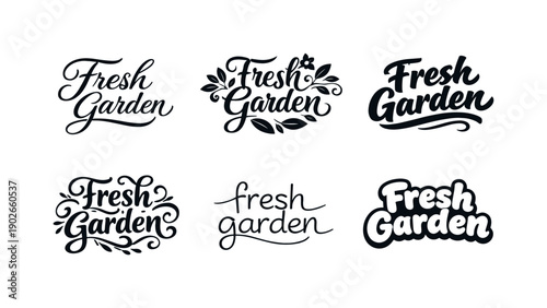 Fresh garden word art. Set lettering. harmonious lettering variations of the same emblematic concept, each with different artistic