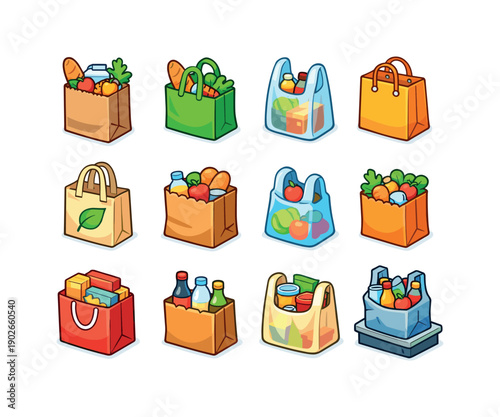 Supermarket Shopping Bags. Colorful isometric vector icons set of Supermarket Shopping Bags: paper grocery bag, reusable fabric bag, plastic