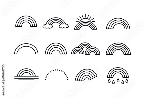 Rainbow Arc Icons. Rainbow Arcs. Line icon set of Rainbow Arcs: layered arc, arc and cloud, sun arc, partial rainbow, clean curve, arched lines, arc set,