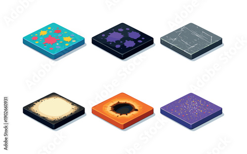 Grunge overlays. Isometric flat vector icons set of grunge overlays: paint splatter texture, ink blot background, scratched photo overlay,