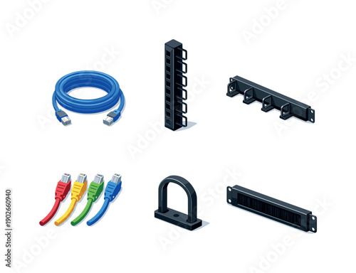 Server rack cables. Isometric flat vector icons set of server rack cables: coiled network cable, vertical cable organizer, horizontal cable