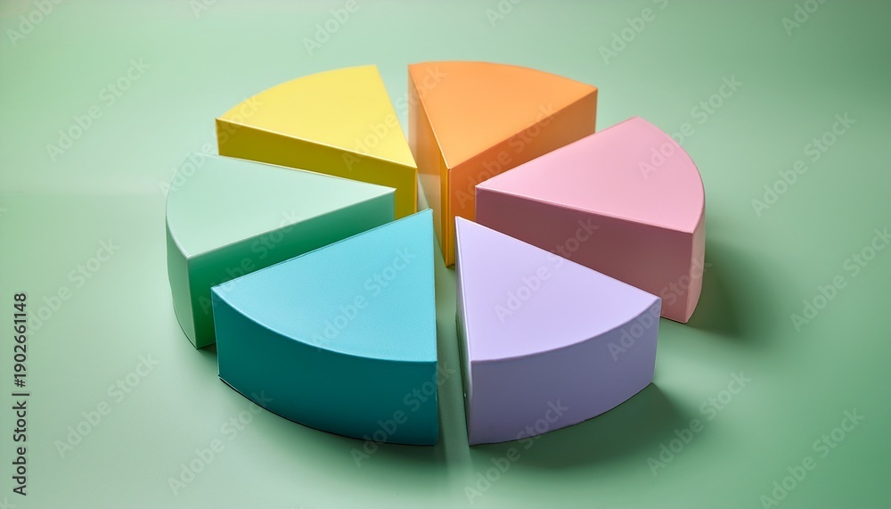 Obraz premium A Three Dimensional Pie Chart With Six Colorful Pastel Slices On A Light Green Background