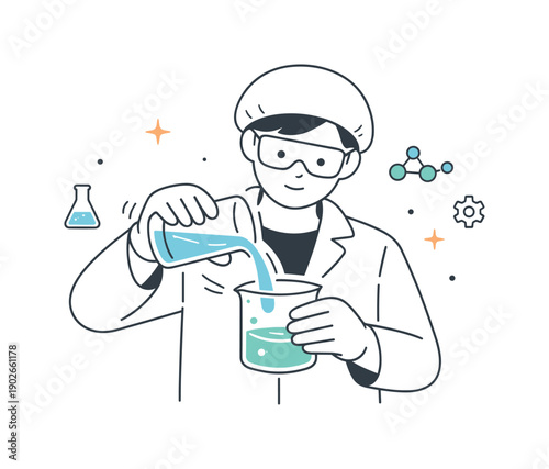 Laboratory glassware. A person pouring liquid carefully from one beaker to another, focused and steady motion. Smooth motion lines and