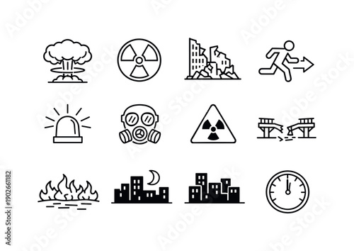 Apocalyptic Events. Line icon set of Apocalyptic Events: nuclear explosion, mushroom cloud, fallout symbol, city ruins, evacuation sign,