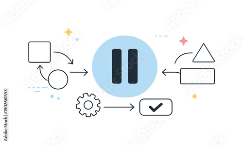 Paused workflow symbolism. A clean abstract scene with connected process blocks interrupted by a gentle pause symbol. The illustration