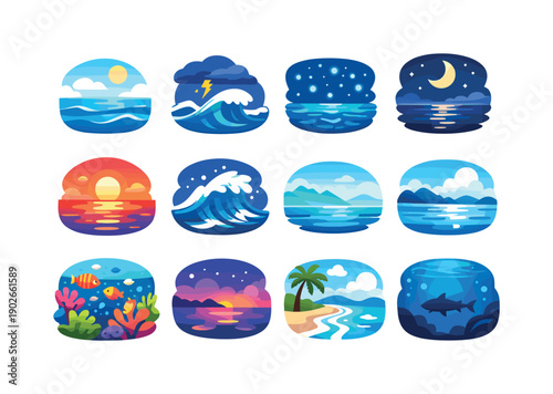 Ocean Mood Icons. Ocean moods. Colorful flat vector icons set of ocean moods: calm sea, stormy waves, glowing plankton, moonlit ocean, sunset reflection,