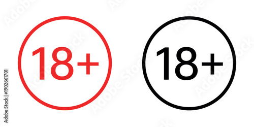 18 plus age restriction icons in red and black circles, minimal flat design symbols for adult content warning and legal age verification.