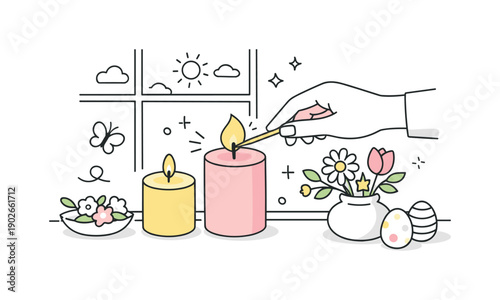 Spring candles pastel. A hand lighting a soft pink or yellow candle on a windowsill, surrounded by light floral decor and airy light.