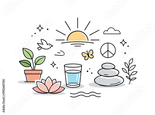 Spring wellness props. An abstract composition of sun rays, plants, water glass, and calm symbols representing harmony and renewal. Peaceful