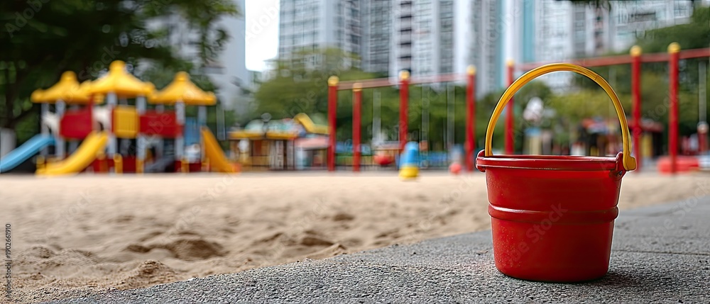 custom made wallpaper toronto digitalRed toy bucket with yellow handle sitting on the edge of sandbox in children's playground filled with toys and playground structures in background