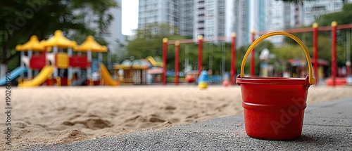 Wallpaper Mural Red toy bucket with yellow handle sitting on the edge of sandbox in children's playground filled with toys and playground structures in background Torontodigital.ca