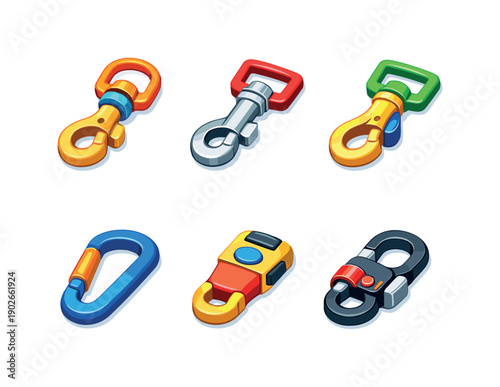 Dog leash clasp. Isometric flat vector icons set of dog leash clasp: swivel snap hook, bolt snap clasp, trigger hook clasp, carabiner style