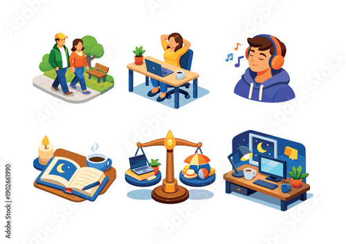 Balanced indie lifestyle. Isometric flat vector icons set of balanced indie lifestyle: break time walk scene, stretching at desk, listening