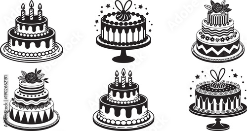 decorative cake illustrations set for birthday and wedding celebrations in black and white vector style