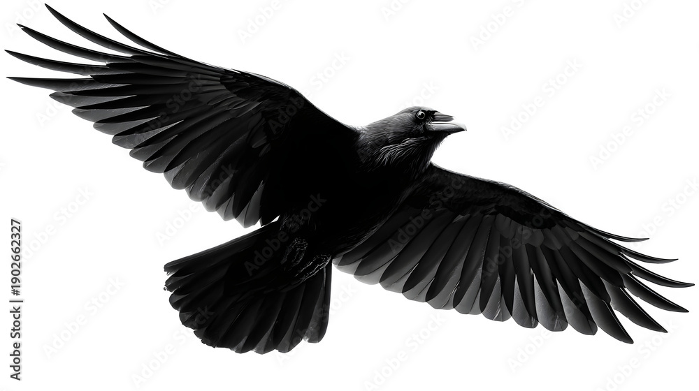 Obraz premium Majestic black bird in mid flight with wings spread wide