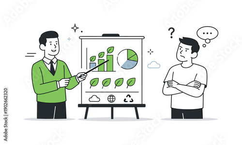 Greenwashing in marketing. A marketer presenting a chart with leaf icons while a viewer remains unconvinced, arms relaxed but posture