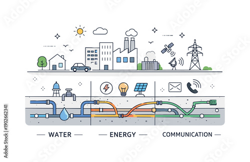 Civic utilities layout. A public infrastructure diagram showing water, energy, and communication lines beneath a simplified city plan. Quiet