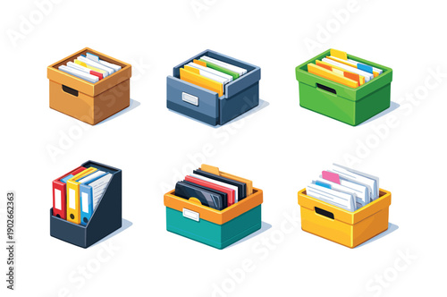 Document storage. Isometric flat vector icons set of document storage: document box, paper archive container, folder storage box, file holder