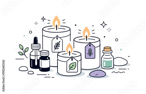 Aromatherapy Candle Serenity. Scented aromatherapy candle set. A group of softly glowing candles with herbal tags and essential oil bottles nearby, showing