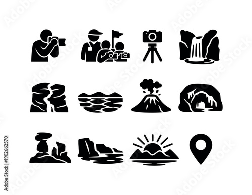Photography tours of niche natural wonders. Solid icon set of photography tours of niche natural wonders: photographer with camera, guided