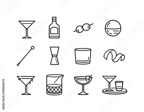 Classic Vodka Icons. Classic Vodka Cocktail. Line icon set of Classic Vodka Cocktail: martini glass, vodka bottle label, olive garnish, ice sphere, cocktail