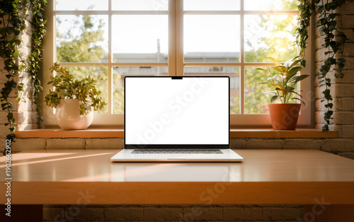 Laptop Blank Screen Mockup on Wooden Desk – Front View, Bright Loft Home Office Interior with Plants and Natural Light