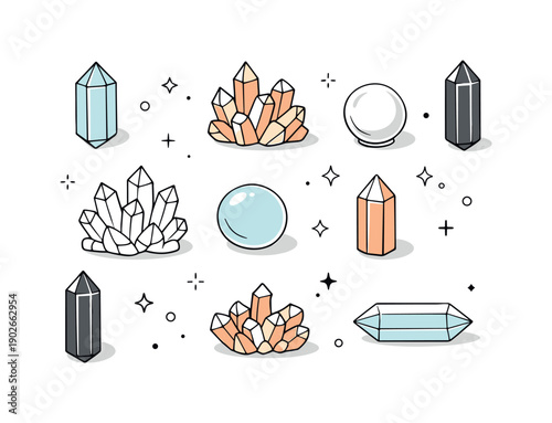 Minimal Crystal Flat Lay. Crystal stones flat lay. Top view of crystals spaced evenly with plenty of white space around, varied shapes like points, clusters,