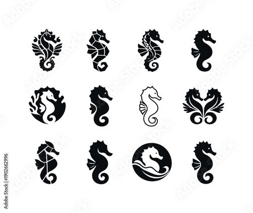 Ocean biodiversity. Icon set. Set Logo of Ocean biodiversity: seahorse. harmonious logo variations of the same emblematic concept, each with