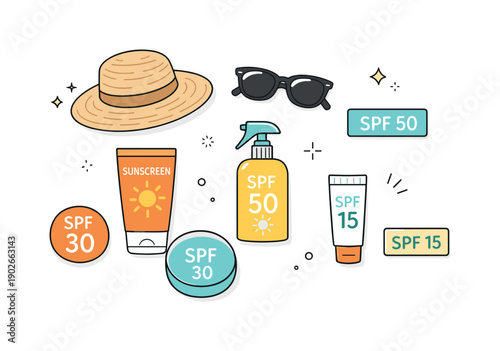 Sun protection products flat lay. Top view of sunscreen, SPF labels, sunglasses, and a straw hat arranged with plenty of white space. The