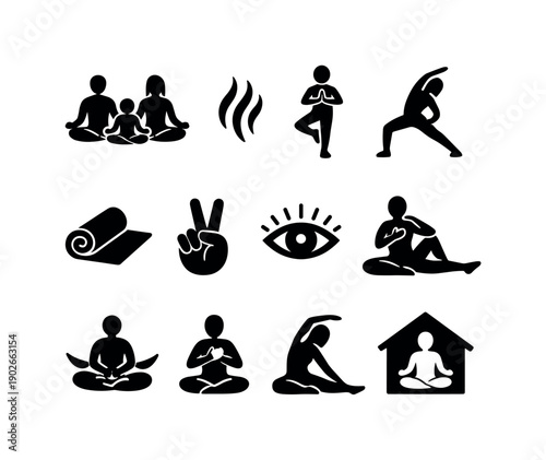 Mindful Movement Icons. Mindful Movement. Solid icon set of Mindful Movement: family in yoga pose, breathing lines, body balance icon, stretch silhouette, yoga