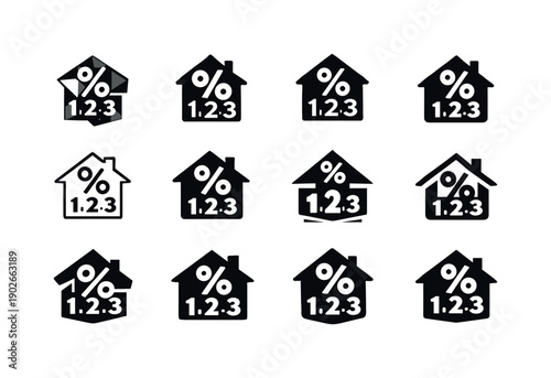 Bank Loan Logo Variations. Bank loan calculator. Icon set. Set Logo of Bank loan calculator: house with percentage and numbers. harmonious logo variations of