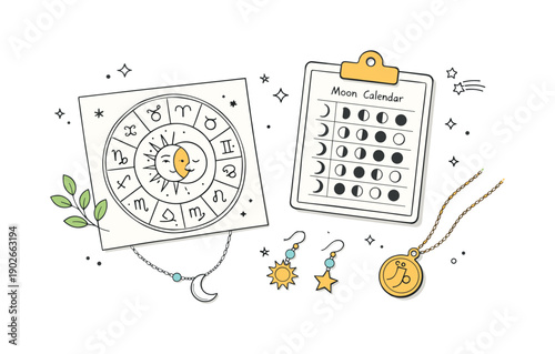 Zodiac Harmony Layout. Zodiac flat lay scene. Clean layout with objects like a zodiac wheel printout, moon calendar, and symbolic jewelry placed in visual