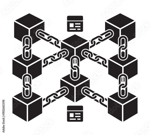 Blockchain network vector illustration with connected cubes and document icons