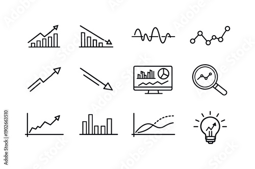 Trend analysis. Line icon set of Trend analysis: upward trend line, downward trend line, fluctuating chart, data points graph, trend arrow