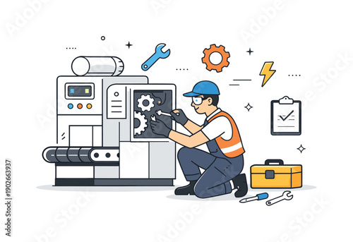 Industrial machinery. Technician performing routine maintenance on a large machine, focused work and safety awareness. Calm atmosphere with