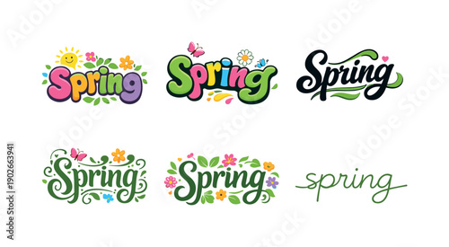 Playful spring color words. Set lettering. harmonious lettering variations of the same emblematic concept, each with different artistic