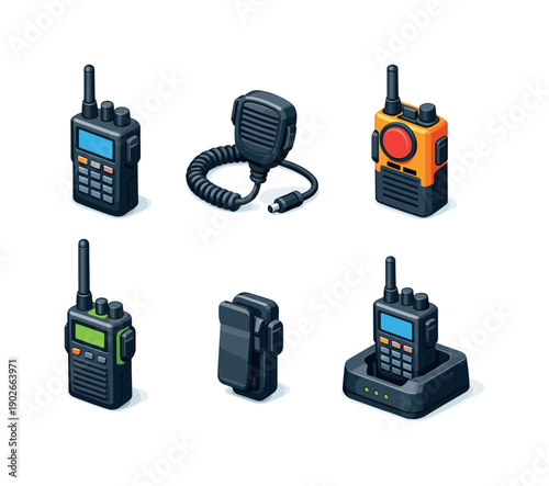 First responder radio. Isometric flat vector icons set of first responder radio: handheld two-way radio, shoulder microphone speaker,