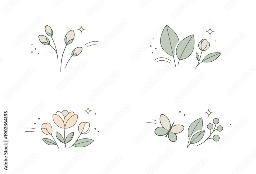 Fototapeta premium Neutral spring textures. Clean abstract overlays using spring forms like buds and leaves in soft neutral tones with a quiet tactile grain.