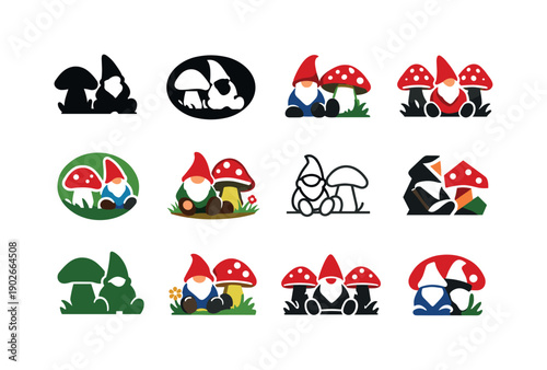 Garden Gnome Icons. Decorating outdoor spaces with garden gnomes and figurines. Icon set. Set Logo of Decorating outdoor spaces with garden gnomes