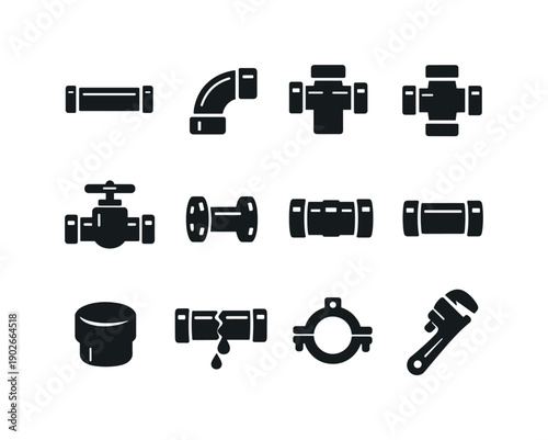 Pipes. Solid icon set of Pipes: straight pipe, bent pipe elbow, T-joint pipe, pipe cross joint, pipe valve, pipe flange, pipe connector, pipe