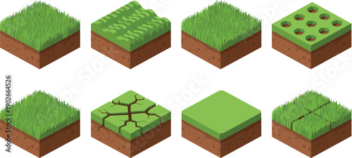 Isometric grass‑covered soil block illustration showing varied textures and conditions including dense, sparse, patterned, cracked, and layered surfaces for modular terrain or game design