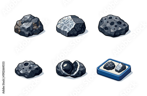 Asteroid Fragment Icons. Asteroid Fragment. Isometric flat vector icons set of Asteroid Fragment: raw meteorite sample, iron-nickel meteorite cut, pitted rock