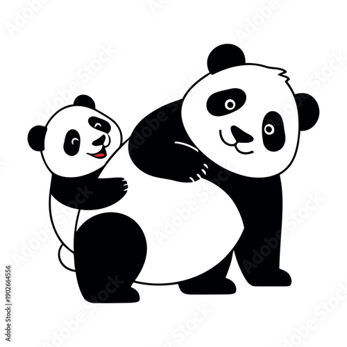 An adorable illustration of a mother panda with her baby, both standing together.