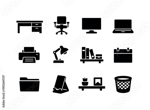 home office essentials. Solid icon set of home office essentials: office desk, office chair, computer screen, laptop, printer, desk lamp,