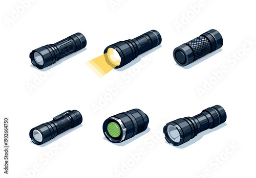 Flashlight tactical. Isometric flat vector icons set of Flashlight tactical: tactical flashlight body, flashlight turned on beam, knurled