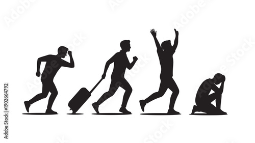 Man Silhouette Emotional Journey Running Traveling Celebrating Crying Vector Illustration Isolated on White Background