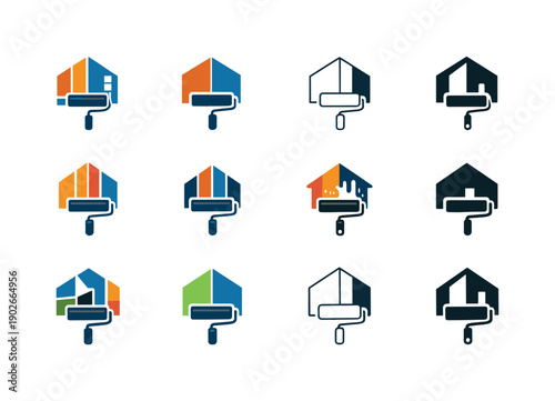 Home Renovation Logos. Home renovation and remodeling. Icon set. Set Logo of Home renovation and remodeling: paint roller with wall section. harmonious logo